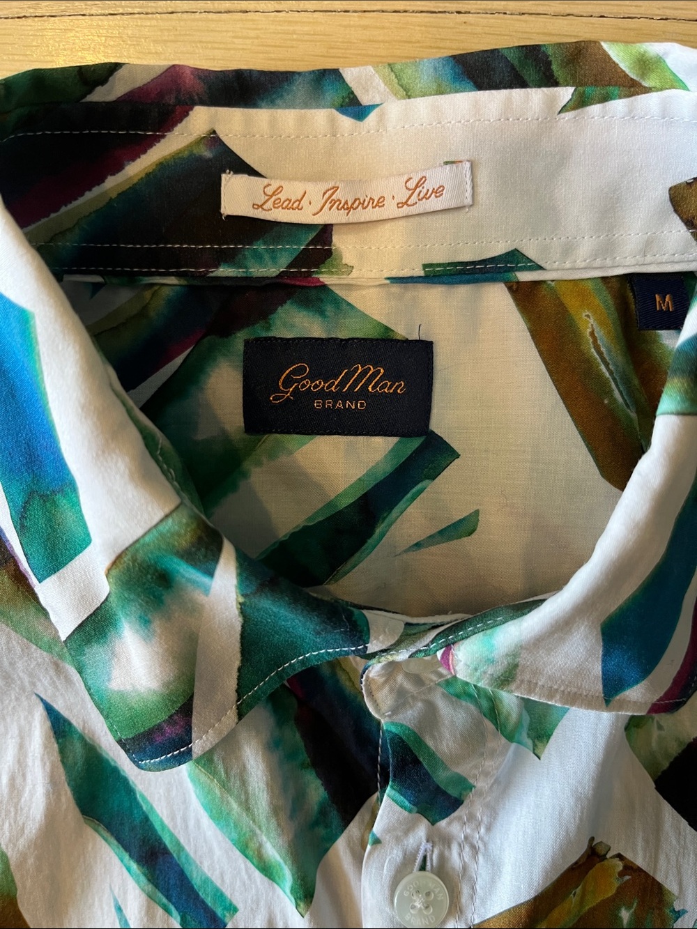 Goodman Brand (Designer) - Abstract Leaf Print Button-Up Shirt in Teal & Olive